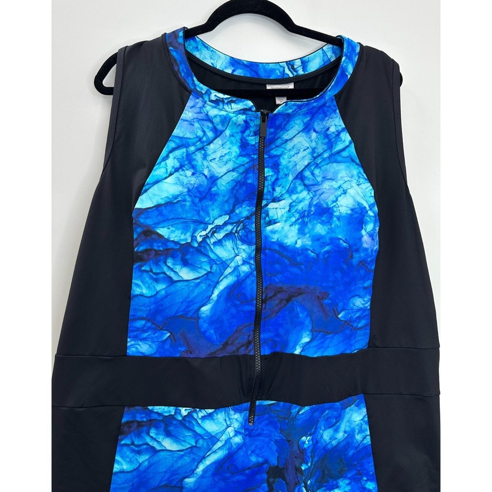 NWT Avenue One Piece Swimsuit Blue Marble Print Zip Front High Neck Plus Size 5X - Picture 4 of 11